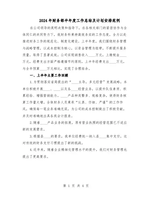 2024年财务部半年度工作总结及计划安排范例（二篇）