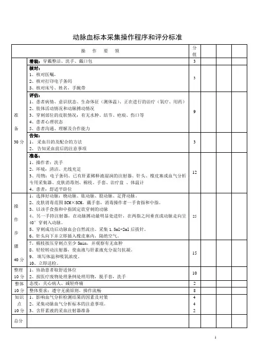 动脉血标本采集操作程序和评分标准