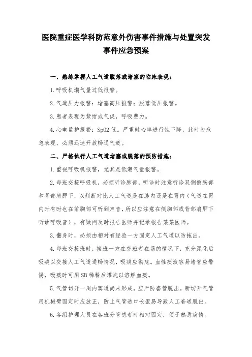 医院重症医学科防范意外伤害事件措施与处置突发事件应急预案