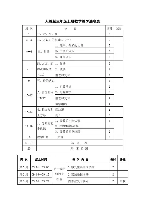 人教版三年级上册数学教学进度表