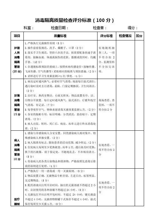 5、消毒隔离质量检查评分标准