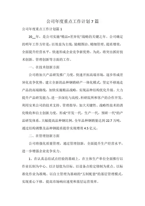 公司年度重点工作计划7篇