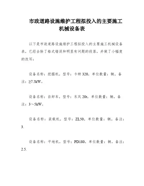 市政道路设施维护工程拟投入的主要施工机械设备表