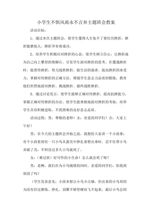 小学生不惧风雨永不言弃主题班会教案