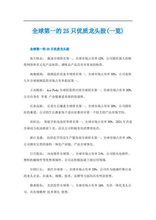 全球第一的25只优质龙头股(一览)