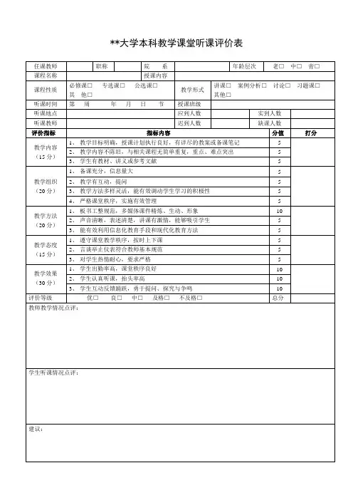 XX大学本科教学课堂听课评价表【模板】