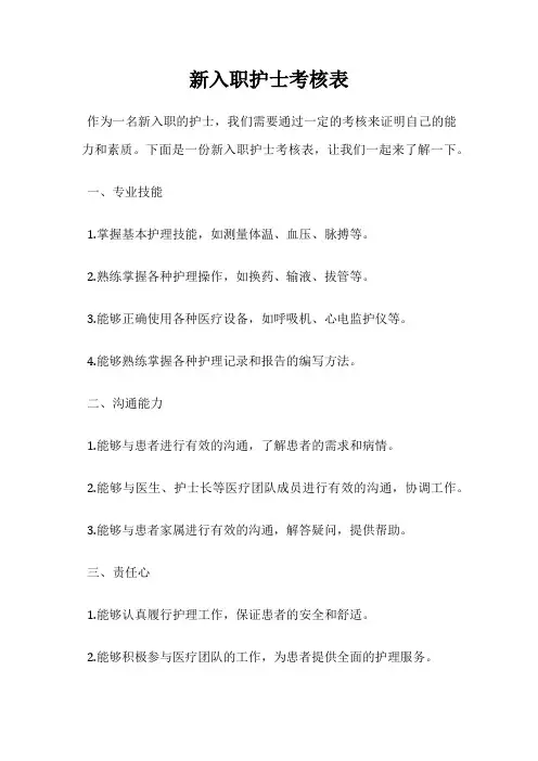 新入职护士考核表