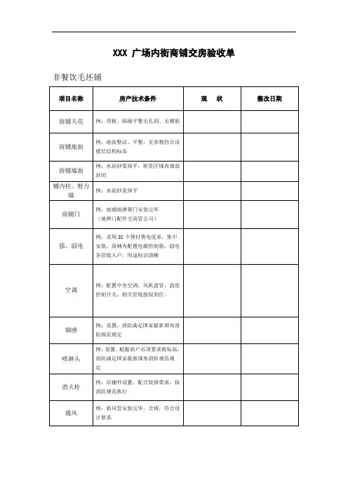 广场内街商铺交接验收单(非餐饮)