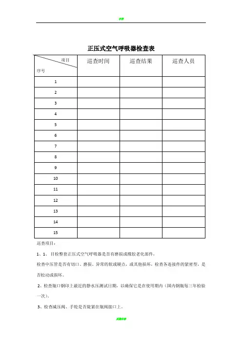正压式空气呼吸器检查表