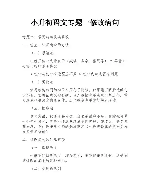 小升初语文专题一修改病句