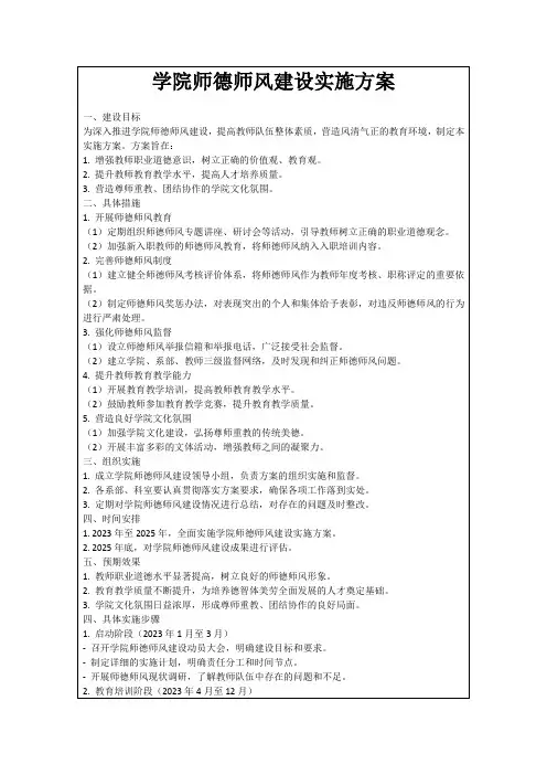 学院师德师风建设实施方案