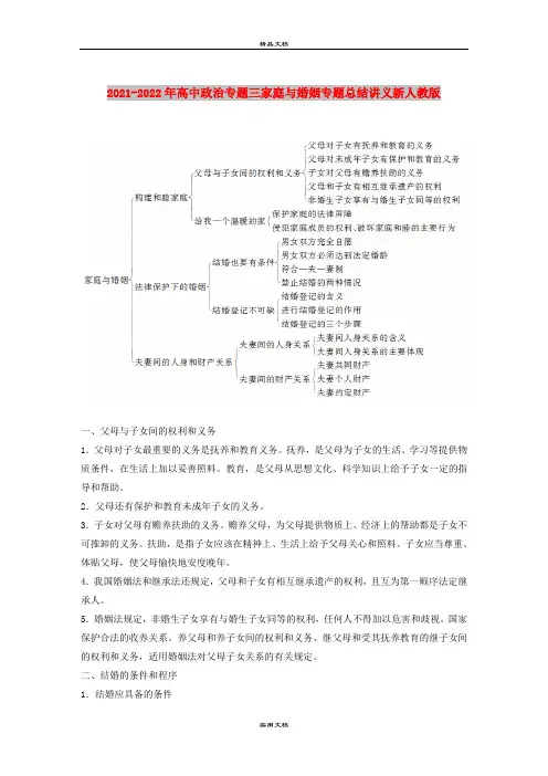 2021-2022年高中政治专题三家庭与婚姻专题总结讲义新人教版