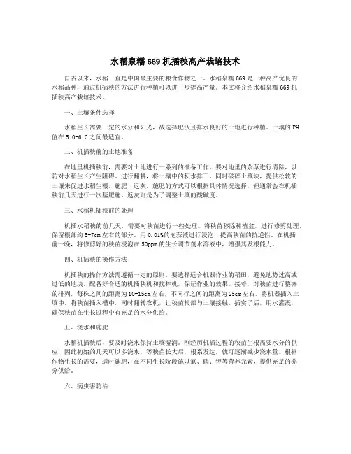 水稻泉糯669机插秧高产栽培技术