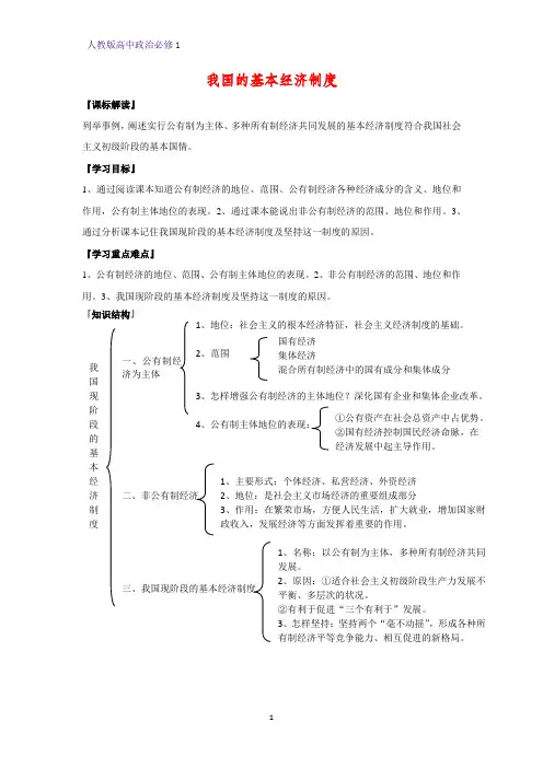 人教版高中政治必修1精品学案7：4.2 我国的基本经济制度