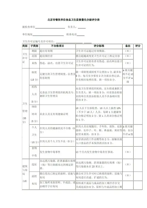 北京市餐饮单位食品卫生监督量化分级评分表
