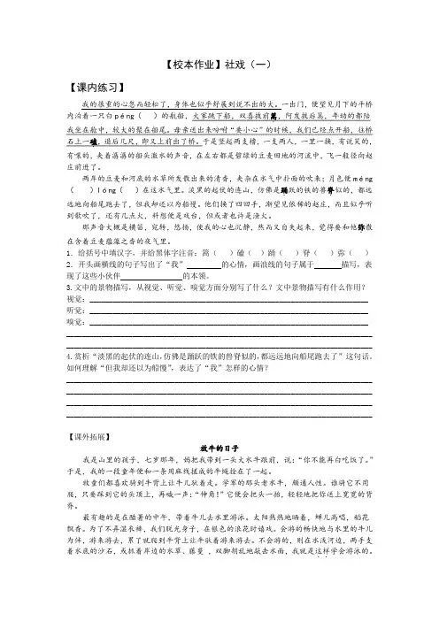 2020年疫情期间江苏省泰州中学附属初级中学空中课堂初二语文【校本作业】社戏(一)