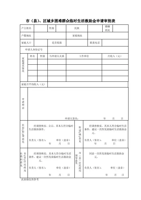城乡困难群众临时生活救助金申请审批表