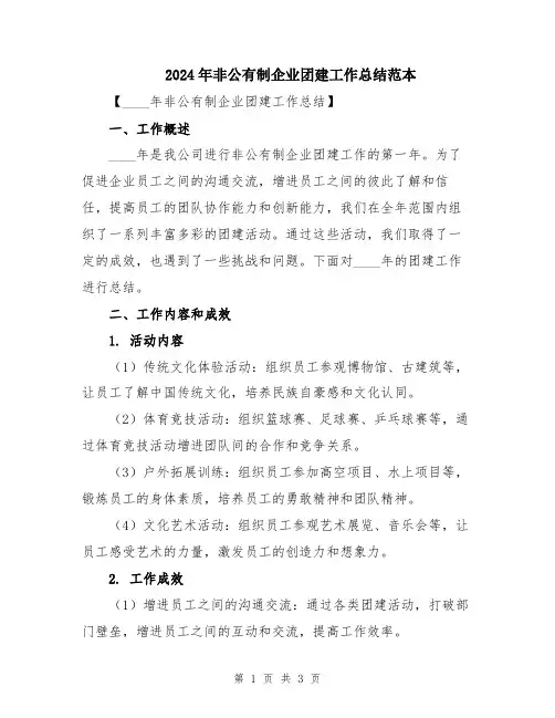 2024年非公有制企业团建工作总结范本
