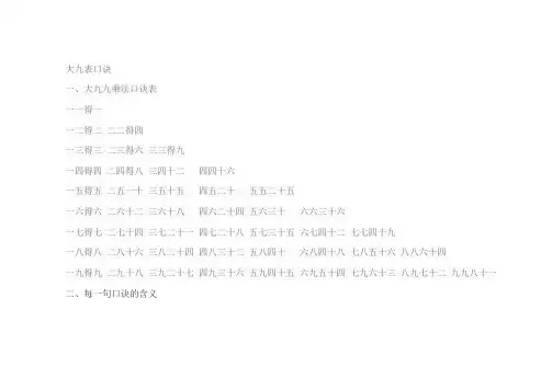大九表 口诀