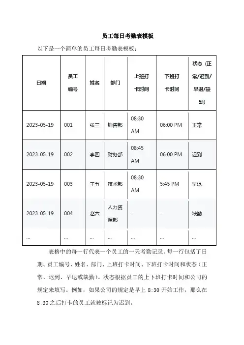 员工每日考勤表模板
