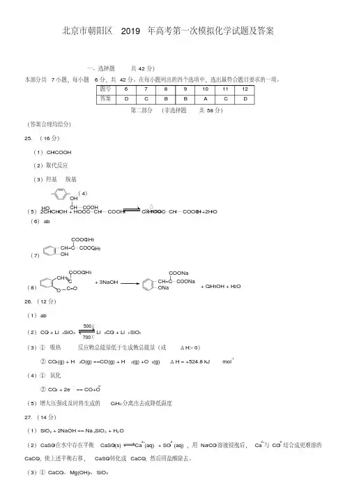 北京市朝阳区2019年高考第一次模拟化学试题及答案