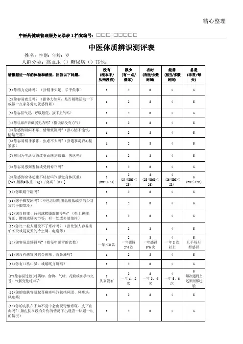 糖尿病患者中医药健康管理服务记录表格模板