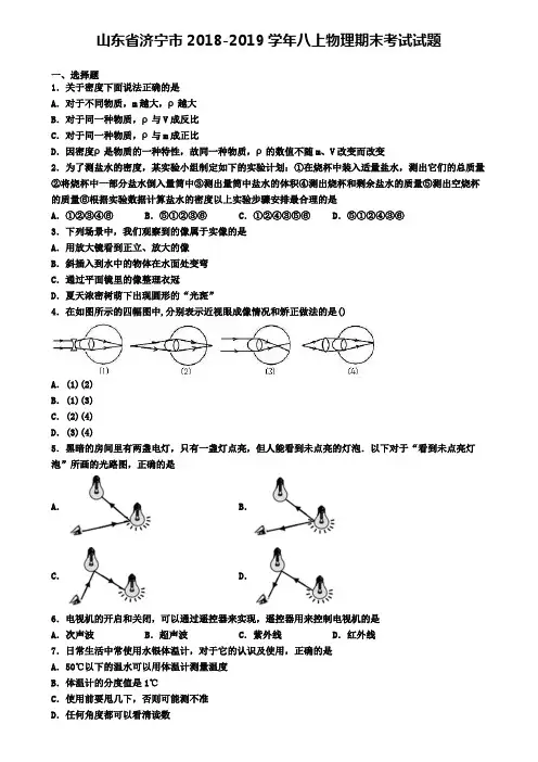 山东省济宁市2018-2019学年八上物理期末考试试题