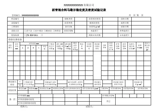 沥青混合料马歇尔稳定度及密度试验记录(模板)