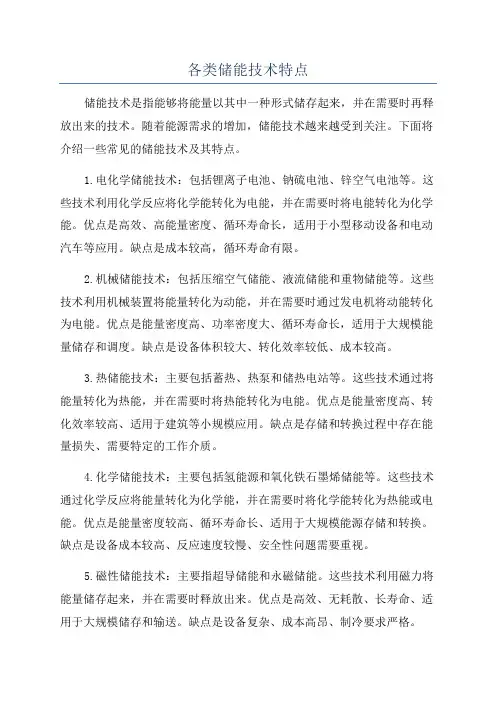 各类储能技术特点