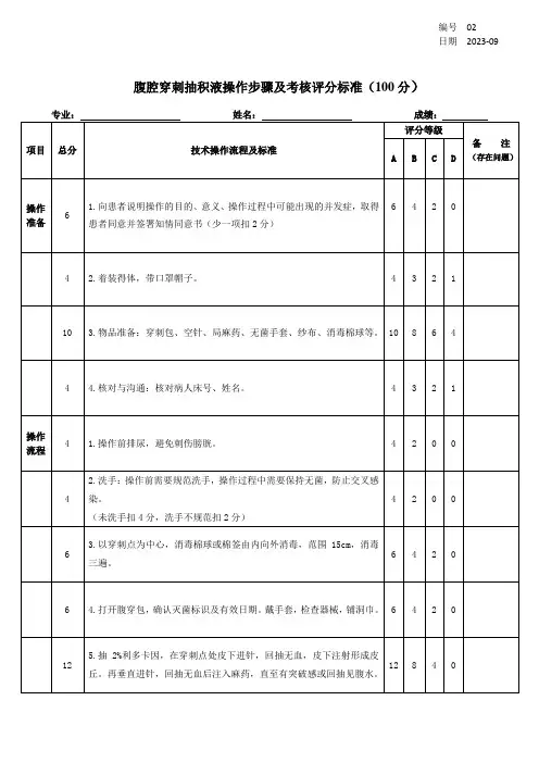 腹腔穿刺抽腹水操作步骤及评分标准