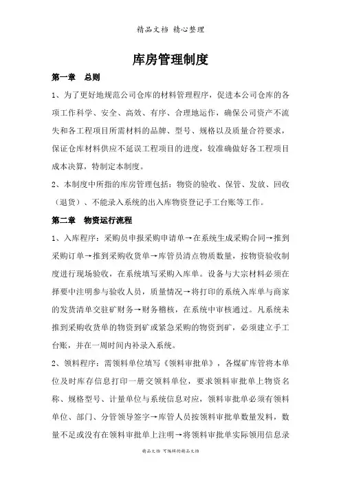 煤矿物资库房管理制度,物资收发、保管、回收、盘点规定