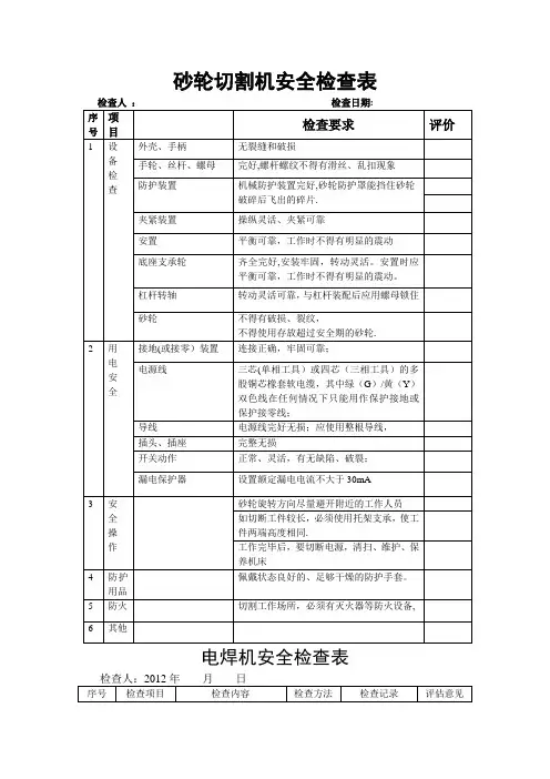 砂轮切割机安全检查表
