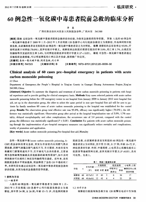60例急性一氧化碳中毒患者院前急救的临床分析