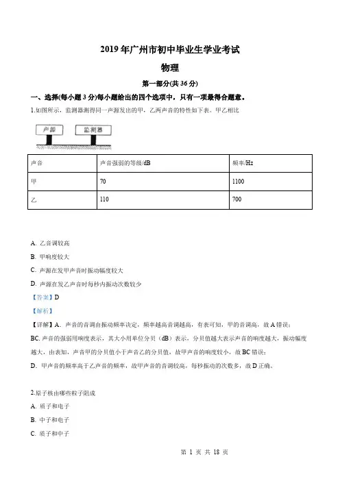 2019年广东省广州市九年级学业考试物理试题(解析版)
