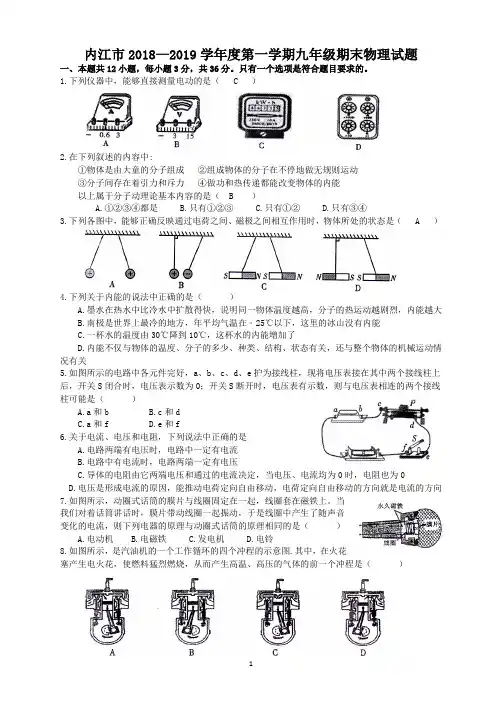 内江市2018—2019学年度第一学期九年级期末物理试题(word版含答案