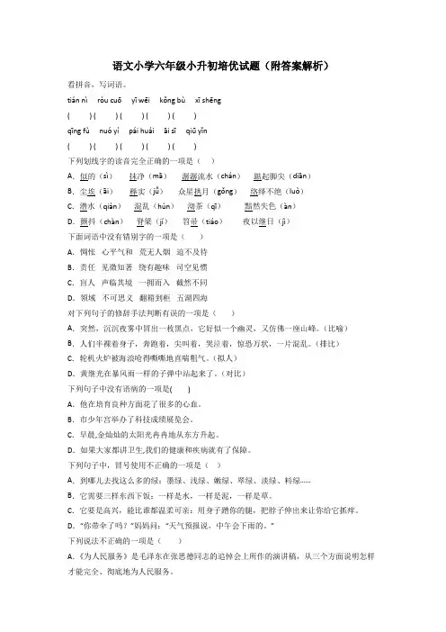 语文小学六年级小升初培优试题(附答案解析)