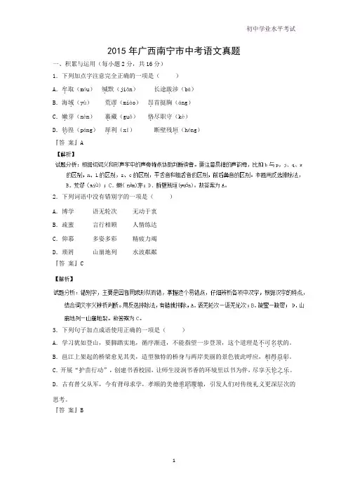 2015年广西南宁市中考真题语文试题(解析版)