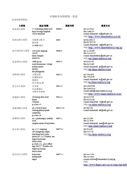 中国驻外各国使馆一览表