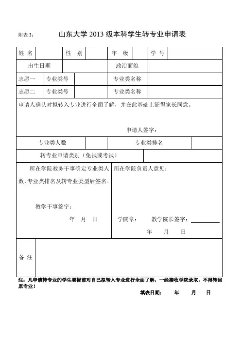 山东大学2013级本科学生转专业申请表