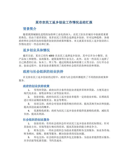 某市农民工返乡创业工作情况总结汇报