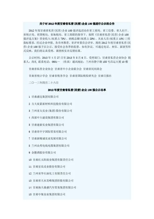 2012年度甘肃省私营(民营)企业100强公示名单