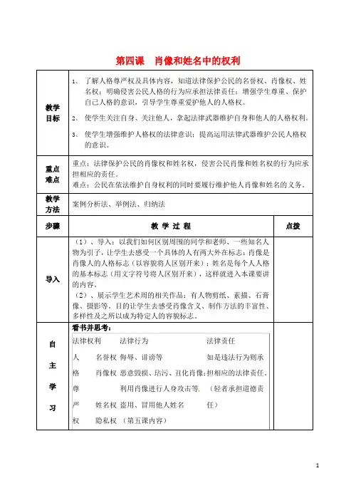 江苏省南京市上元中学八年级政治下册 4.2 肖像和姓名中的权利教案 新人教版