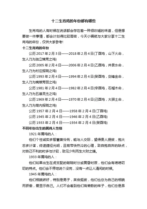十二生肖鸡的年份都有哪些