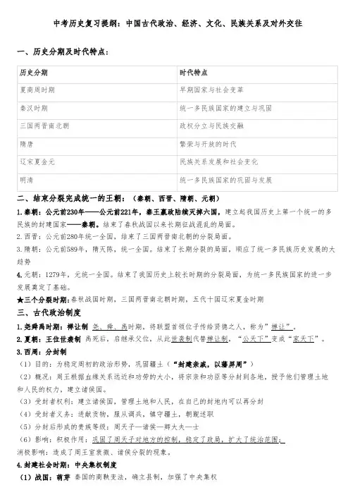 中考历史复习提纲：中国古代政治、经济、文化、民族关系及对外交往