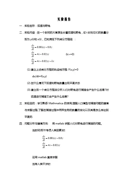 狐狸与野兔-数学建模