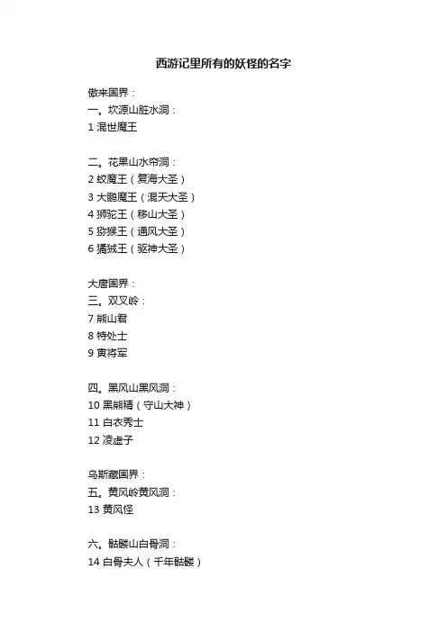 西游记里所有的妖怪的名字