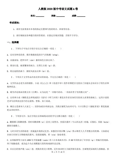 人教版2020版中考语文试题A卷(模拟)