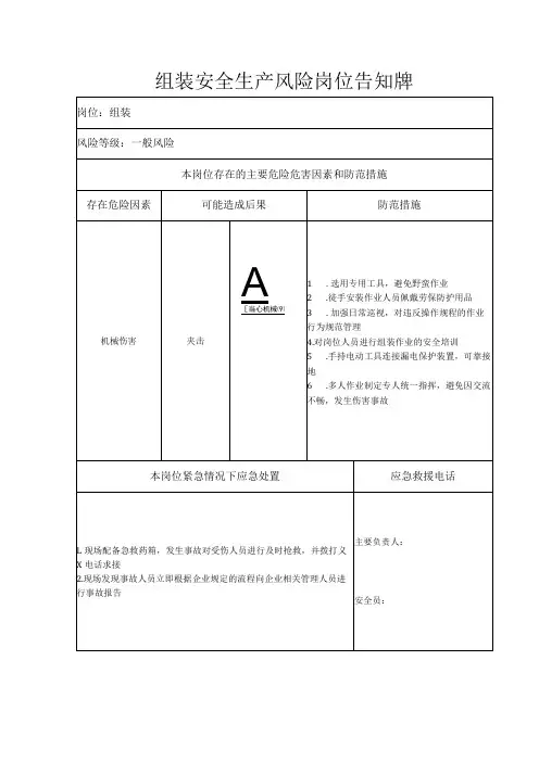 组装安全生产风险岗位告知牌