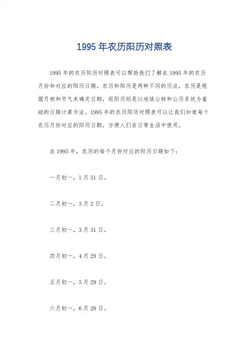 1995年农历阳历对照表