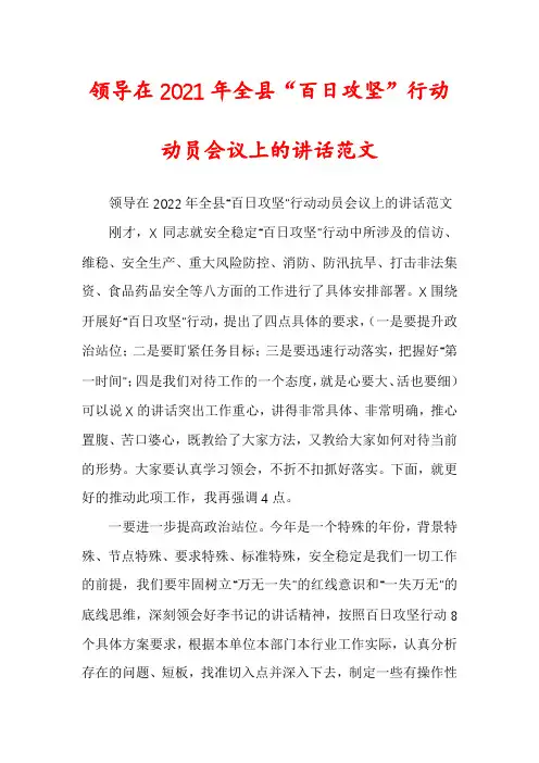 领导在2021年全县“百日攻坚”行动动员会议上的讲话范文